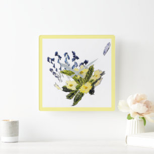 Relógio Quadrado Primrose Bluebell Flowers Natureza Floral