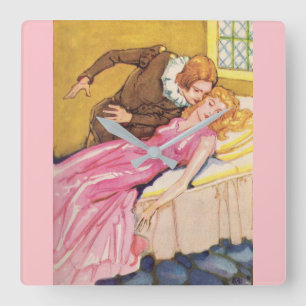Relógio Quadrado Prince Charming kissing Sleeping Beauty
