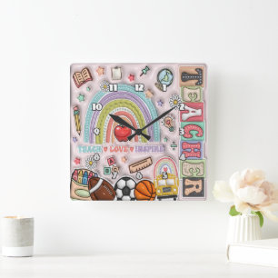 Relógio Quadrado Professor: Arco-Íris, Amor, Inspiração, Aprende