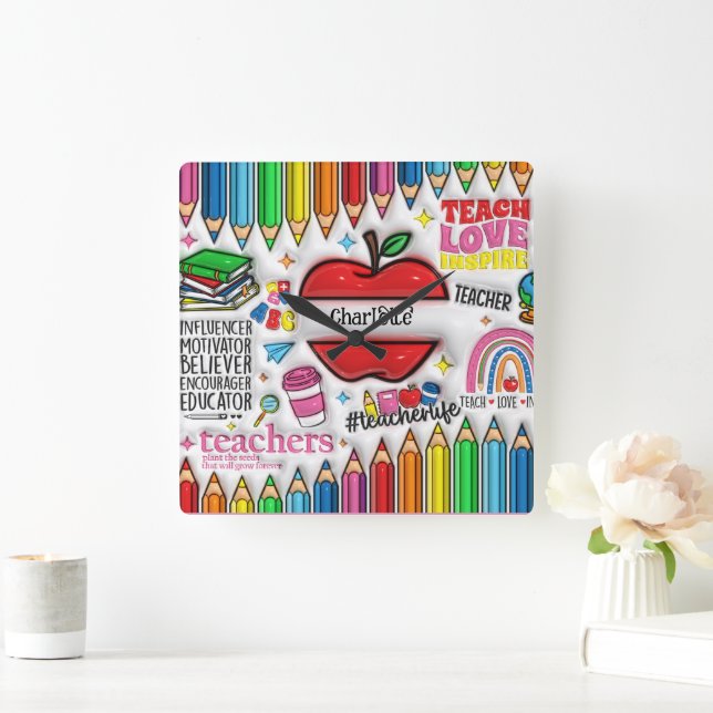 Relógio Quadrado Professores: Inspire, Cresça, Mente, Corações (Lar)