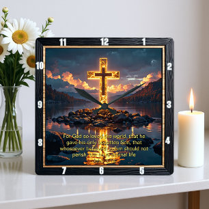Relógio Quadrado Promessa Eterna A Cruz Água Costa João 3:16 