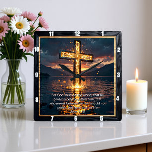 Relógio Quadrado Promessa Eterna A Cruz Entre Veias Água João 3:16 