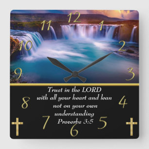 Relógio Quadrado Provérbios 3:5 Fé cristã uma cachoeira