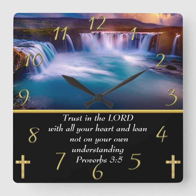 Relógio Quadrado Provérbios 3:5 Fé cristã uma cachoeira (Frente)
