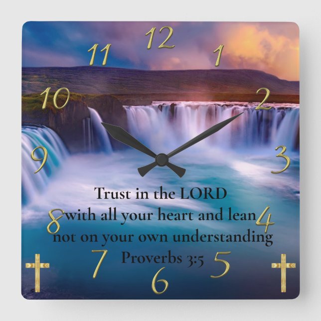Relógio Quadrado Proverbs 3:5 Oração Dourada à fé cristã (Frente)