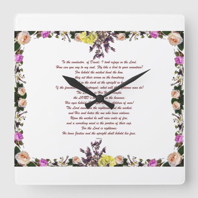 Relógio Quadrado Psalm 11,  Fly like a bird to your mountain, (Frente)