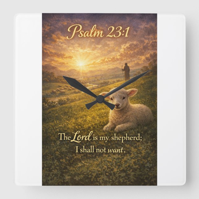 Relógio Quadrado Psalm 23:1 Bible Christian Lamb Wall Clock (Frente)
