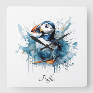 Relógio Quadrado Puffin branco em cor azul-d'água, personalizável
