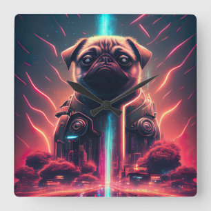 Relógio Quadrado Pug Adorável no Figurino Robô Futurístico