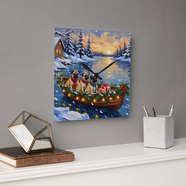 Relógio Quadrado Pug Christmas Boat Holiday (Escritório)