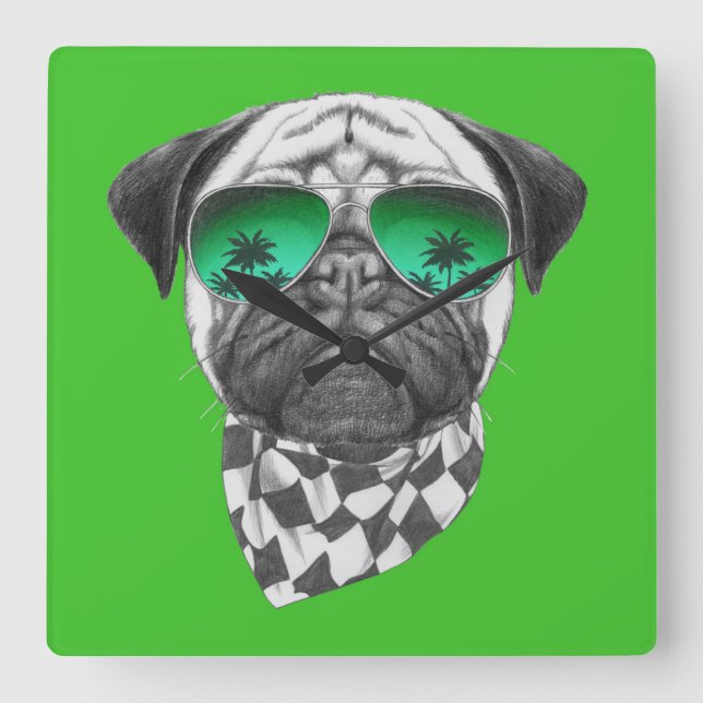 Relógio Quadrado Pug de Miami (Frente)