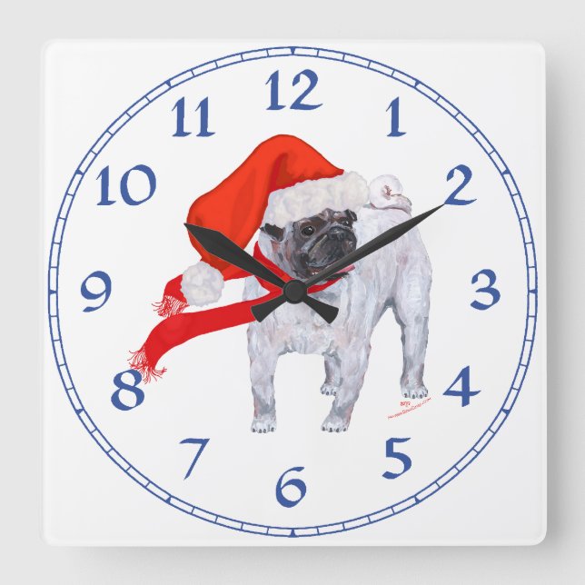 Relógio Quadrado Pug do Natal (Frente)