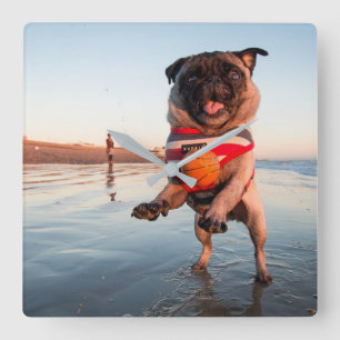 Relógio Quadrado Pug Playing Ball on Beach