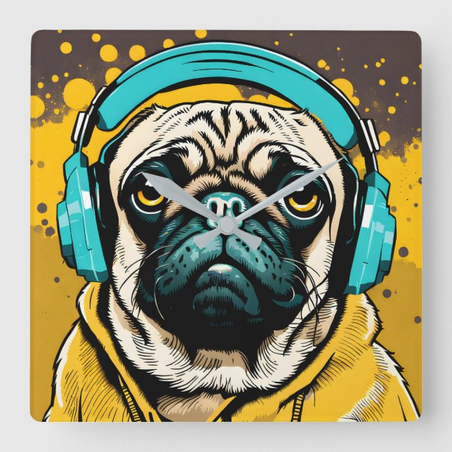 Relógio Quadrado Pug vestindo fones de ouvido (Frente)
