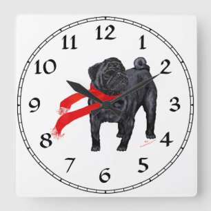 Relógio Quadrado Pugs com Cachecol Vermelho