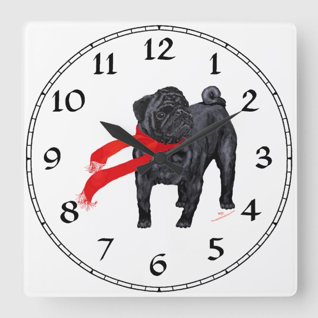 Relógio Quadrado Pugs com Cachecol Vermelho (Frente)