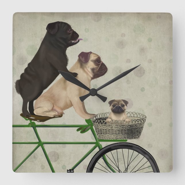 Relógio Quadrado Pugs na Bicicleta (Frente)