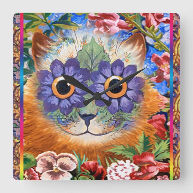 Relógio Quadrado Pulso de disparo de parede Funky do gato da flor (Frente)