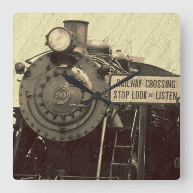 Relógio Quadrado Pulso de disparo de parede rústico do trem (Frente)
