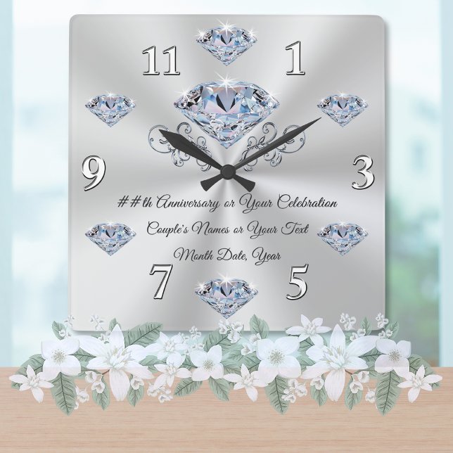 Relógio Quadrado Pulso de disparo do aniversário do diamante ou sua (Diamond wedding anniversary gifts for parents. 10 years of marriage gifts. Clock anniversary gift.)