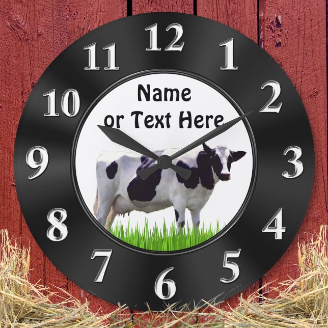 Relógio Quadrado Pulso de disparo preto e branco personalizado da (Personalized, Cow Wall Clock. Farmhouse kitchen clock. Black and white cow. Farmhouse Decor.)