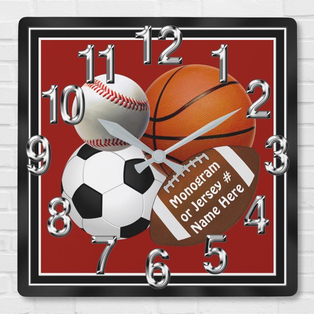 Relógio Quadrado Pulsos de disparo de parede PERSONALIZADOS dos (Sports bedroom decor. Sports wall clock with your Monogram, Jersey Number, Name or Your Text. Sports)