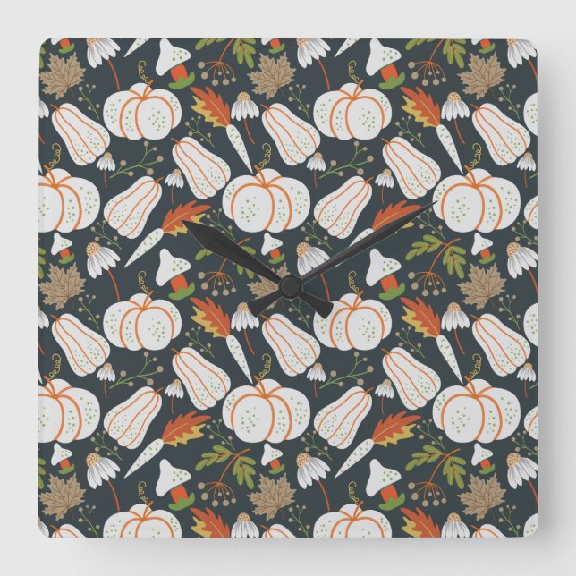 Relógio Quadrado Pumpkin seamless pattern floral black and white (Frente)