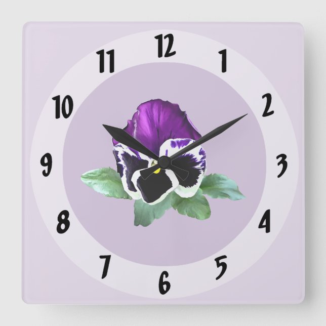 Relógio Quadrado Purple e White Pansy (Frente)