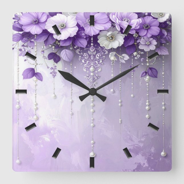 Relógio Quadrado Purple Flowers with Dangling Pearls Wall Clock (Frente)