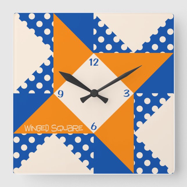 Relógio Quadrado Quadrado com asa - Azul e Laranja (Frente)