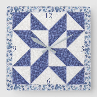 Relógio Quadrado Quadrado de Falso Acolchoado Calico Azul Branco de