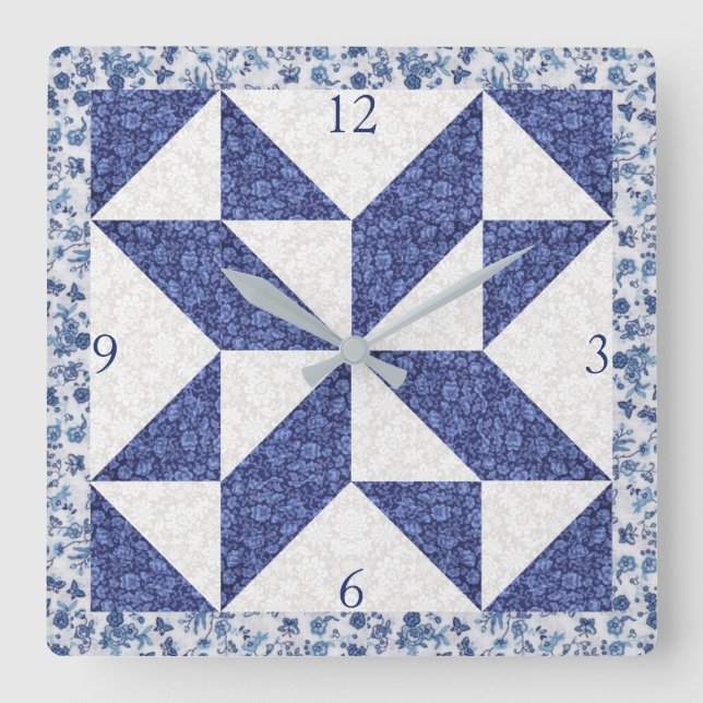 Relógio Quadrado Quadrado de Falso Acolchoado Calico Azul Branco de (Frente)