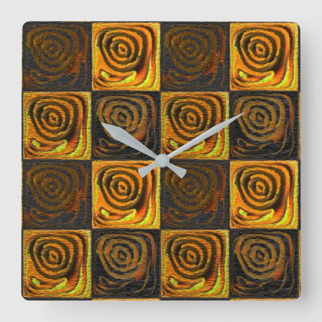 Relógio Quadrado Quadrados amarelados e círculos em mosaico rústico (Frente)