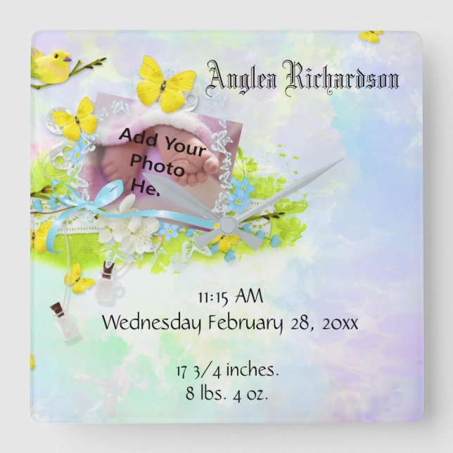 Relógio Quadrado Quadro amarelo da foto do pássaro e da borboleta (Frente)
