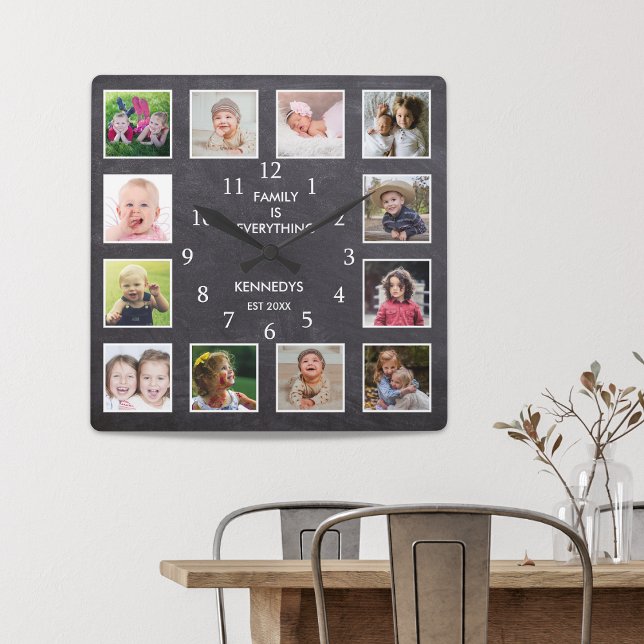 Relógio Quadrado Quadro de Colagem de Fotos Personalizado 12 (Personalized 12 Photo Collage Frame Chalkboard Square Wall Clock)