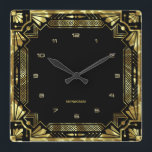 Relógio Quadrado Quadro de Deco de Arte Dourada<br><div class="desc">Dourados tons Art Deco frame,  estilo geométrico sobre fundo preto. Monograma personalizável.</div>