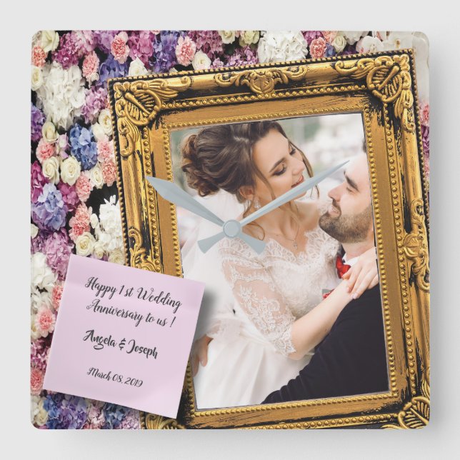 Relógio Quadrado Quadro de madeira antigo com flores para aniversár (Frente)