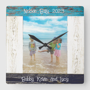 Relógio Quadrado Quadro de Madeira de Praia Branco Azul Rústico