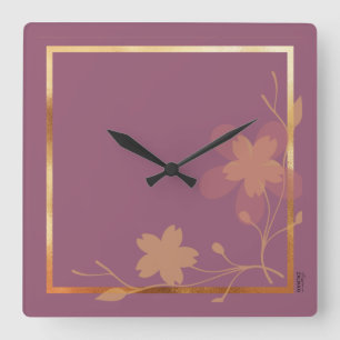 Relógio Quadrado Quadro Floral de Abstrato Puro Dourado Chic