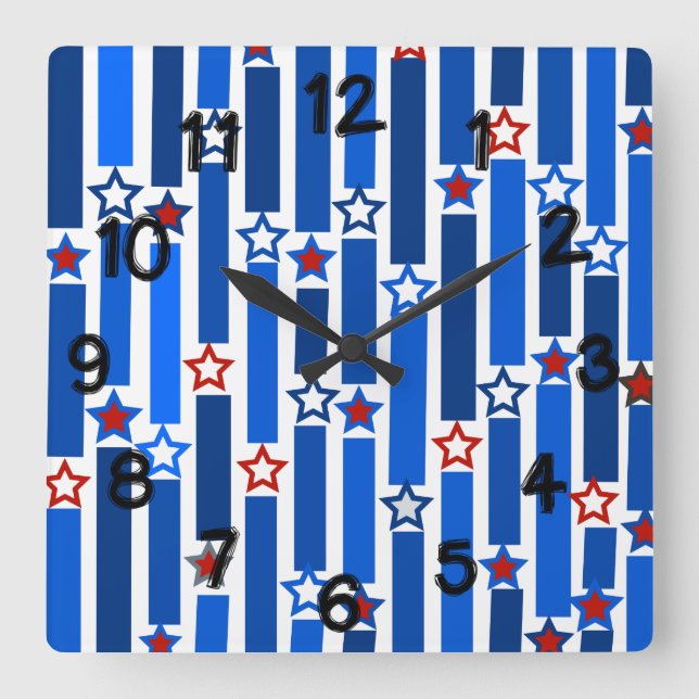 Relógio Quadrado Quarto de julho Estrelas e Stripes  (Frente)