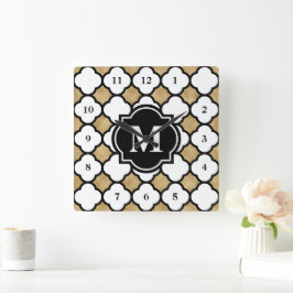 Relógio Quadrado Quatrefoil Geométrico Dourado Moderno, Monograma