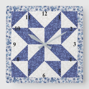 Relógio Quadrado Quilt azul e branco do Calico Faux