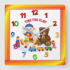 Relógio Quadrado Rag Doll e Ursinho Nursery Coloridos