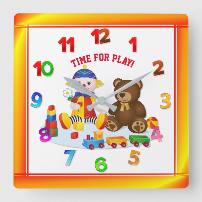 Relógio Quadrado Rag Doll e Ursinho Nursery Coloridos (Frente)