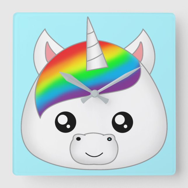 Relógio Quadrado Rainbow Cute Kawaii Unicorn Cabeça (Frente)