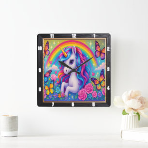 Relógio Quadrado Rainbow Unicorn Flower alegre