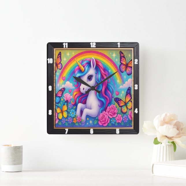 Relógio Quadrado Rainbow Unicorn Flower alegre (Lar)