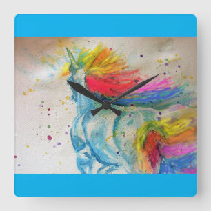 Relógio Quadrado Rainbow Unicorn Watercolor Girls Nursery Clock