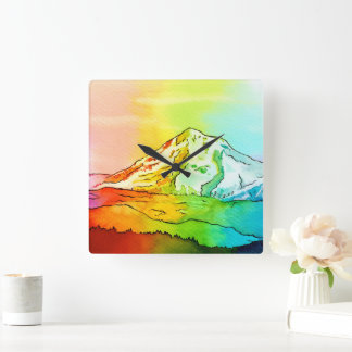 Relógio Quadrado Rainbow Watercolor Monte Hood