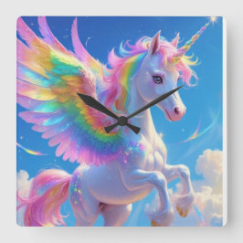 Relógio Quadrado Rainbow Winged Prancing Unicorn